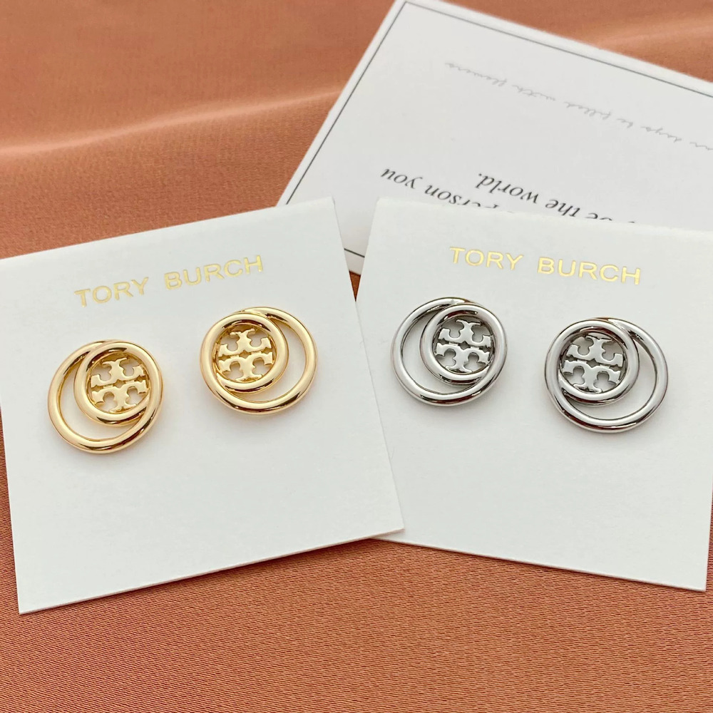 Tory Burch Inlaid Hollow Letter Geometric Stud Earrings Metal